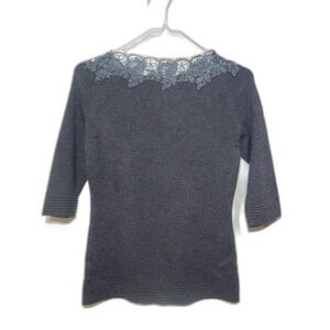 Extra Fine Merino Wool 3/4 Sleeve Lace High Neck Sweater - Charcoal Gray 42